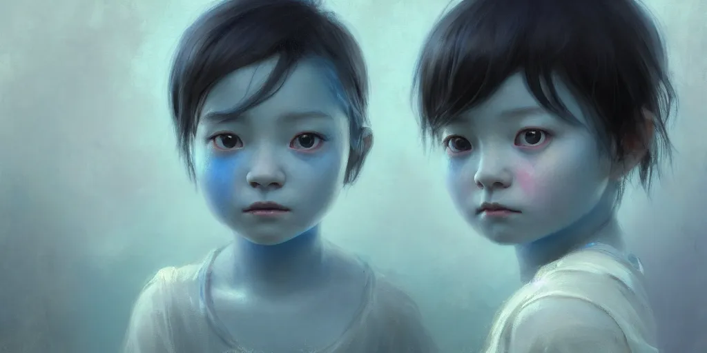 Image similar to portrait of a big eyed, blue short haired beautiful little girl looking sad to the camera with sad eyes, extremely detailed digital painting, in the style of fenghua zhong and ruan jia and jeremy lipking and peter mohrbacher, mystical colors, rim light, beautiful lighting, 8 k, stunning scene, raytracing, octane, trending on artstation