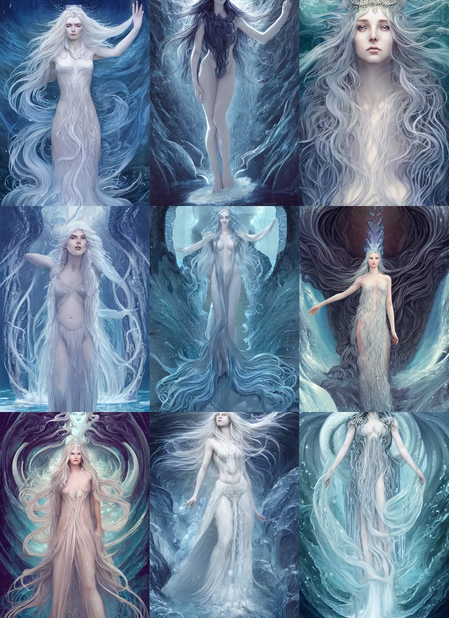 Prompt: goddess made of ice flowing long hair like a waterfall rising from the water, full body and face, sophisticated, fractals background, horizontal symmetry, epic light, intricate, extremely detailed, artstation, art by charlie bowater, kay nielsen and wadim kashin, zeen chin and terada katsuya