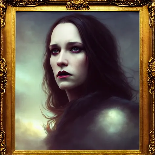 Image similar to majestic gracious regal female brunette vampire portrait, menacing atmospheric lighting, painted, menacing, intricate, volumetric lighting, beautiful, rich deep colours masterpiece, golden hour, sharp focus, ultra detailed, by leesha hannigan, ross tran, thierry doizon, kai carpenter, ignacio fernandez rios