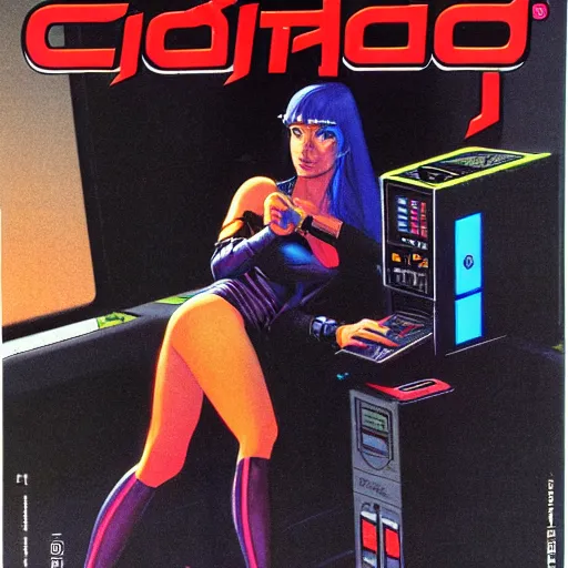 Image similar to cable plugged into cyberdeck, right temple, cyberpunk woman, computer, 1 9 7 9 omni magazine cover, style by vincent di fate, cyberpunk 2 0 2 0