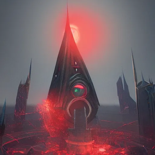 Prompt: high round tower with a huge red eye of sauron floating at the top, sharp towers in background, artstation award winner, octane render, realistic