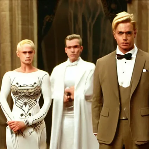 Image similar to heroic square - jawed emotionless serious blonde butch woman starship engineer, tribal tattoos, handsome, short slicked - back hair, sweating, wearing white and gold satin victorian gown at formal dinner, looking distracted, awkward, mike mignogna, david mack