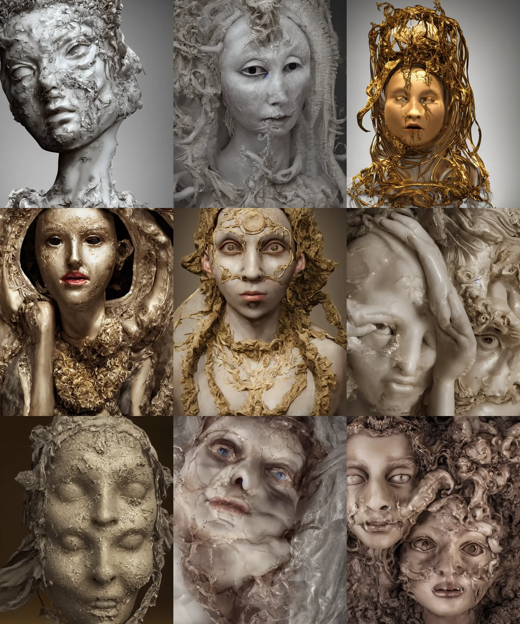 Prompt: the beautiful renaissance wax goddess in occult full-face mask, highly detailed melted wax, gi, global illumination, physically based rendering, photorealistic, top light, by Livio Scarpella, Urs Fischer, Jin Shan, Mooniq Priem, white background