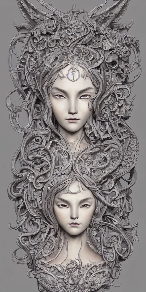 Prompt: a sculpture of mythical creatures by geenss archenti flores, elegant and beautiful female face, carved in stone, intricate, elegant, highly detailed, digital painting by audrey kawasaki, artstation, concept art, ambient occlusion, vray render,