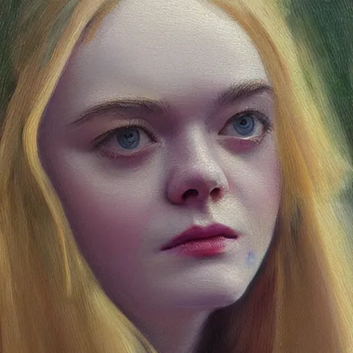 Image similar to professional painting of Elle Fanning in the style of Daniel Garber, head and shoulders portrait, symmetrical facial features, smooth, sharp focus, illustration, intricate, stormy weather, extremely detailed masterpiece,