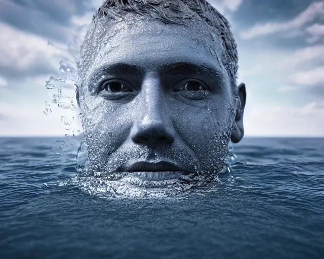 Image similar to water art manipulation of a surreal human head with open eyes burried in the ocean, hyper realistic, ray tracing, realistic water, sharp focus, 8 k resolution, cinematic