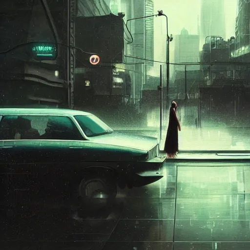 Image similar to chillwave scene of girl and cat, moment, cyberpunk elevated train, electronic billboards, tech noir, wet reflections, atmospheric, ambient, livia prima, greg rutkowski, edward hopper, pj crook