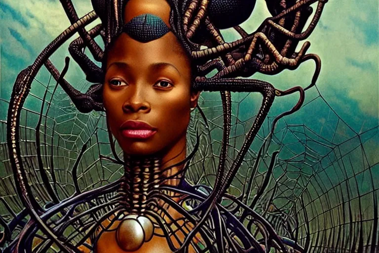 Image similar to realistic detailed portrait movie shot of a beautiful black woman riding a giant spider, dystopian city landscape background by denis villeneuve, amano, yves tanguy, alphonse mucha, max ernst, ernst haeckel, kehinde wiley, caravaggio, jean delville, david lynch, roger dean, cyber necklace, rich moody colours, sci fi patterns, dramatic, wide angle