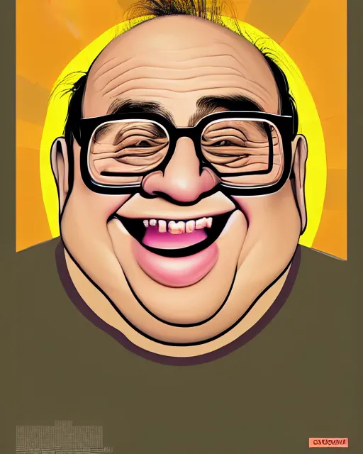 Image similar to painting portrait of danny devito as a ham, cartoon, warm lighting, danny devito has a ham body, danny devito's face on a ham. movie poster, illustration by bartek fedyczak, erak note, tooth wu, neil richards, kan liu, siwoo kim, jisu choe, trending on art station