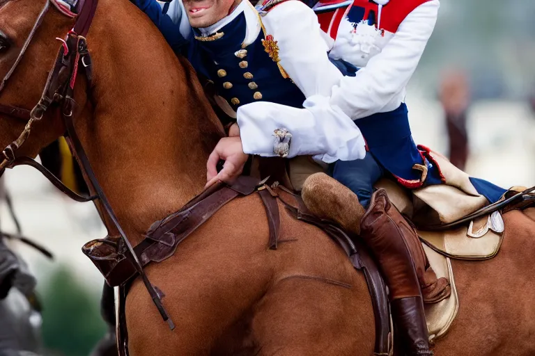 Image similar to closeup portrait of emmanuel macron dressed as napoleon riding a small pony, natural light, sharp, detailed face, magazine, press, photo, steve mccurry, david lazar, canon, nikon, focus