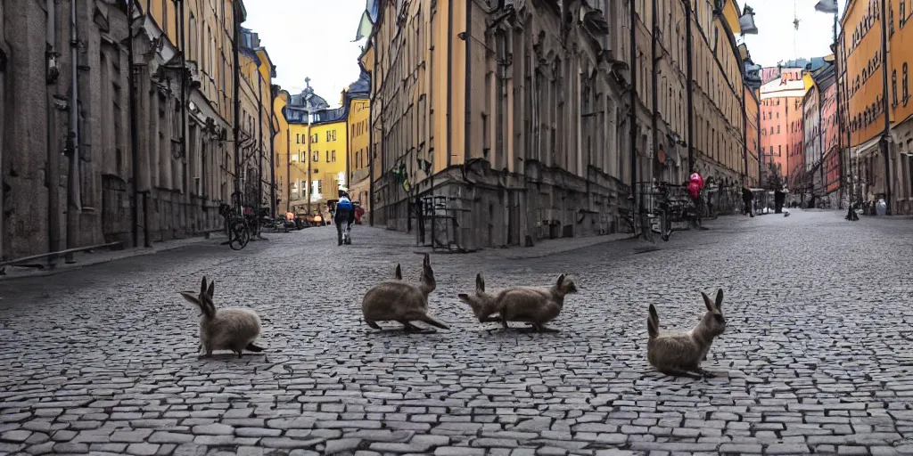 Image similar to a street in stockholm full of rabbits