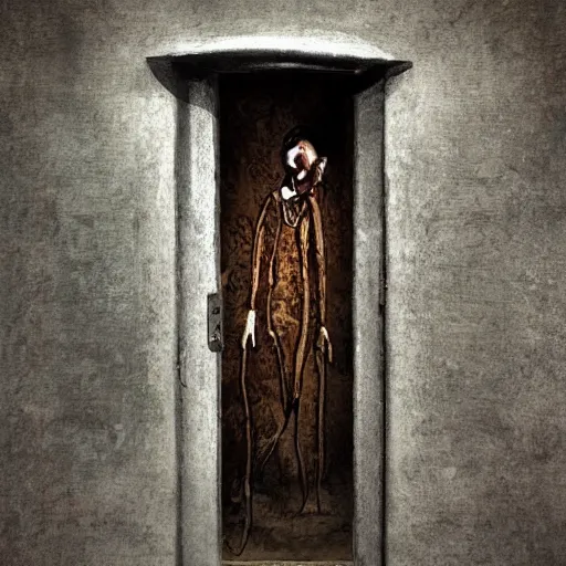 Prompt: Caricature, ajar dilapidated door with a human face dangles on hinges, medieval style, dramatic lighting