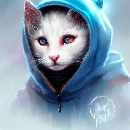 Image similar to colorful and Festive Captivating mage white kitten, with a blue hoodie, serious looking, atmospheric lighting, painted, intricate, highly detailed by Charlie Bowater