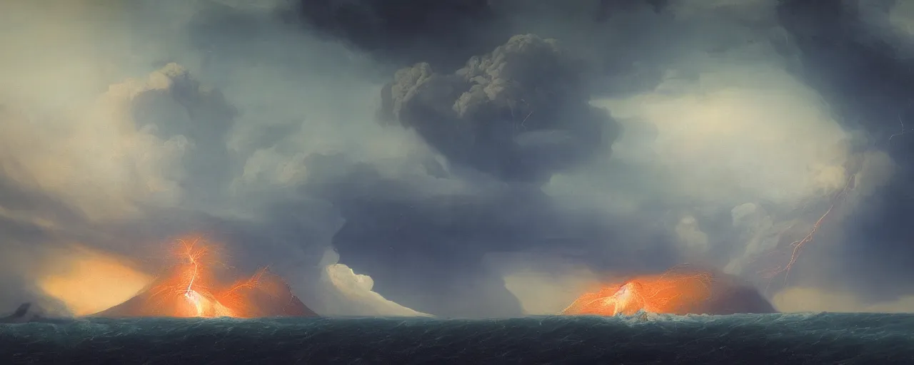 Image similar to erupting icelandic volcano in a severe thunderstorm, in style of Aivazovsky, epic lighting, ultra realistic, 4k, hyper details,