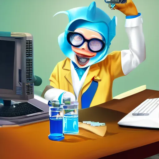 Prompt: An anthropomorphic dolphin dressed as a chemist, playing games on a computer