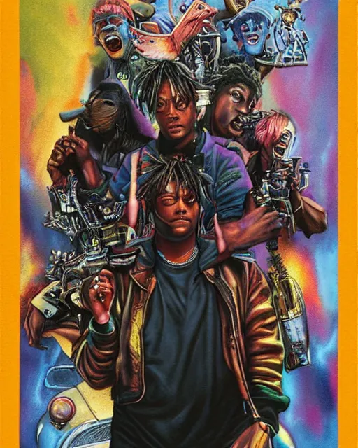 Prompt: juice wrld in dystopian twisted metal post apocalpytic, airbrush, drew struzan illustration art, key art, movie poster