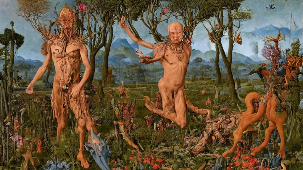 Image similar to a photograph of a meditating centaur shaman mutating into a savage fanged beast. surrounded by bulbous flowers and a few trees. river delta with mountains under a blue sky full of burning stars and birds. painted by jan van eyck, max ernst, ernst haeckel, ernst fuchs and artgerm. trending on artstation, fashion editorial