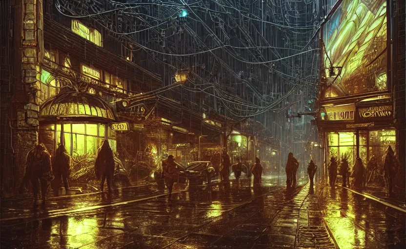 Prompt: a dark and rainy biopunk streetcorner environment, large crowd, filigree, convoluted, elaborate, glass domes, glass panes, glowing lights, dramatic lighting, photorealism, unreal engine, art by michael whelan and chris moore and howard david johnson and tim white and dan giancola