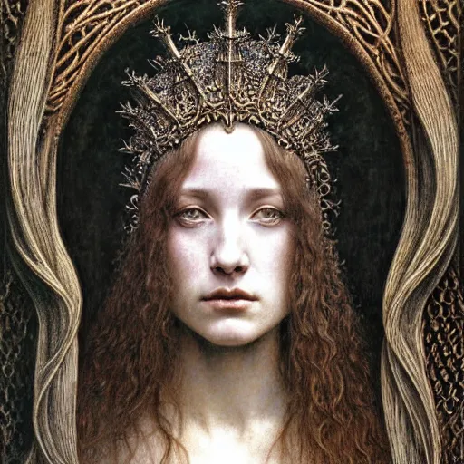 Image similar to detailed realistic beautiful young medieval queen face portrait by jean delville, gustave dore, iris van herpen and marco mazzoni, art forms of nature by ernst haeckel, art nouveau, symbolist, visionary, gothic, pre - raphaelite