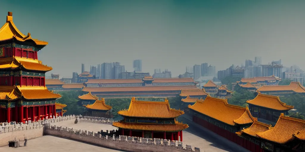 Prompt: a very high resolution image from a new movie, super fantasy shape of cyberpunk building and forbidden city, front view, photorealistic, photography, directed by wes anderson