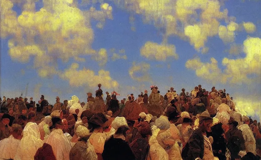 Prompt: high quality high detail painting by ilya repin, a long row of people standing in the clouds, hd