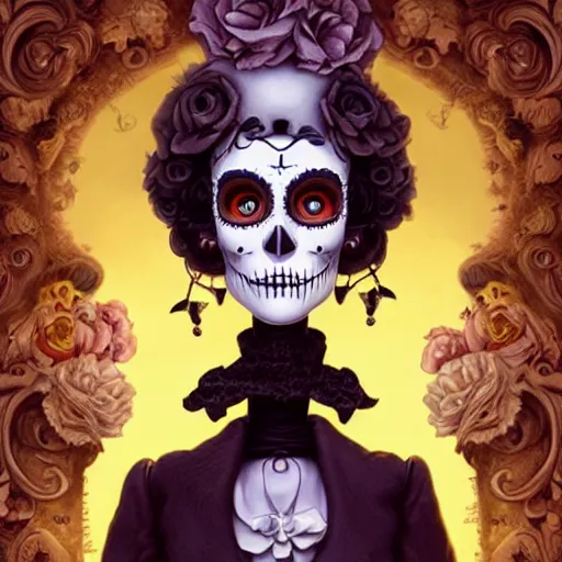 Image similar to Lofi dio de los muertos portrait Pixar style by Joe Fenton and Stanley Artgerm and Tom Bagshaw and Tim Burton