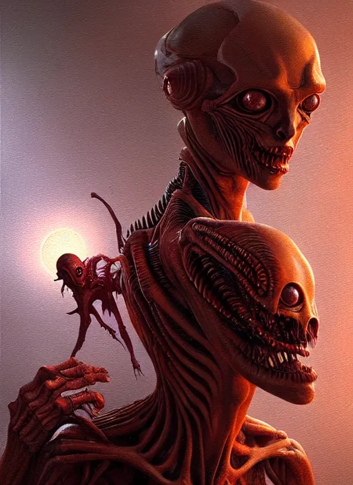 Image similar to ultra realist horror painting of a dimly lit attractive alien female and hellish creature together, very intricate details, focus, curvy, full frame image, artstyle hiraku tanaka and craig mullins, award winning