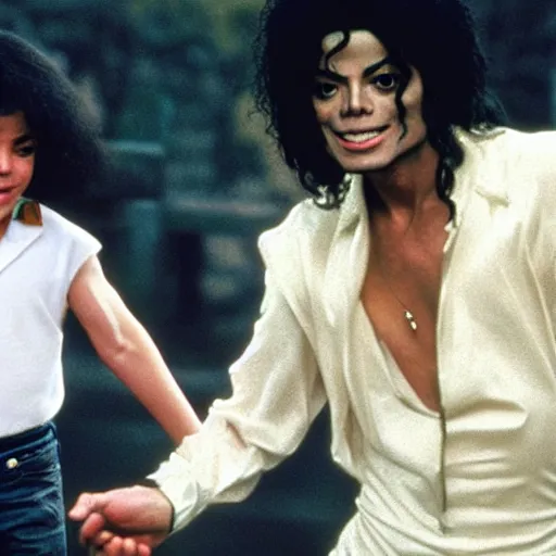 Image similar to michael jackson meeting his younger self, movie still 8 k hdr atmospheric lighting