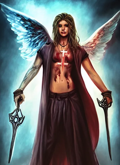 Image similar to Buffy the vampire slayer character angel as a half-muscular half-blood angel with a big cross pendant and religious tattoos on chest and neck, stained and bleeding, magic overlays, magic flames, open portal with runes in the background, romance book cover style, D&D illustration style, (octane render) fantasy style, sharp focus, ultra detailed, art by Artgerm and Peter Andrew Jones, Ayami Kojima, Amano and Olivier Ledroit