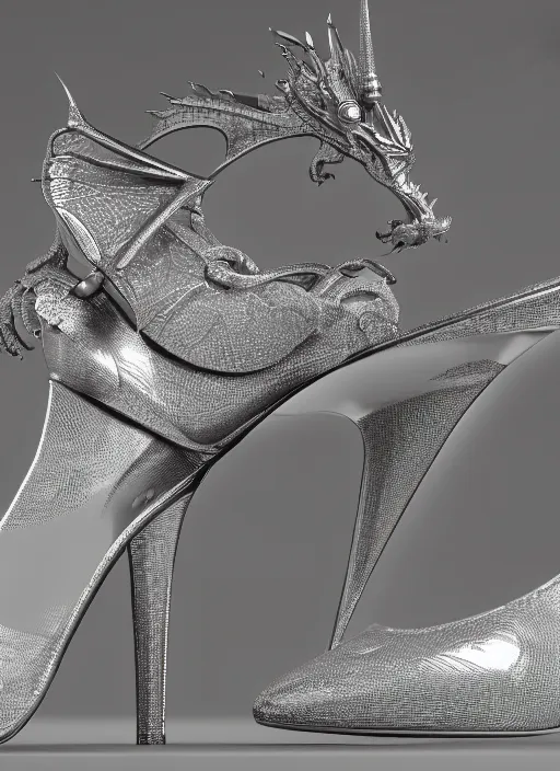 Prompt: beautiful ultra detailed 3d render of a high heel made out of chrome metal material in style of a dragon burst, artstation