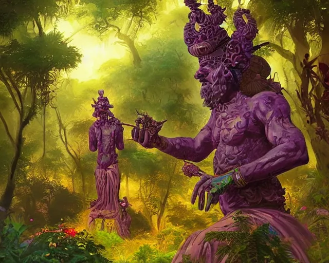 Prompt: An ancient African lord statue in a lush forest surrounded by purple and yellow flowers, vibrant color scheme, Peter Mohrbacher and Marc Simonetti