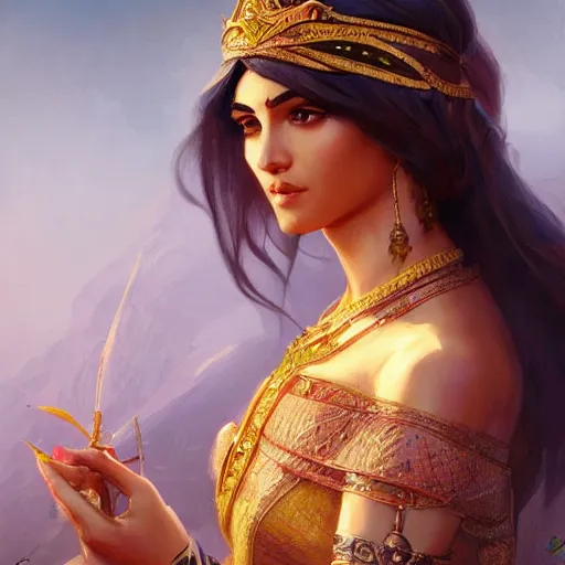 Prompt: indo-persian princess, D&D, painted fantasy character portrait, highly detailed, digital painting, artstation, concept art, sharp focus, illustration, art by artgerm and greg rutkowski and alphonse mucha