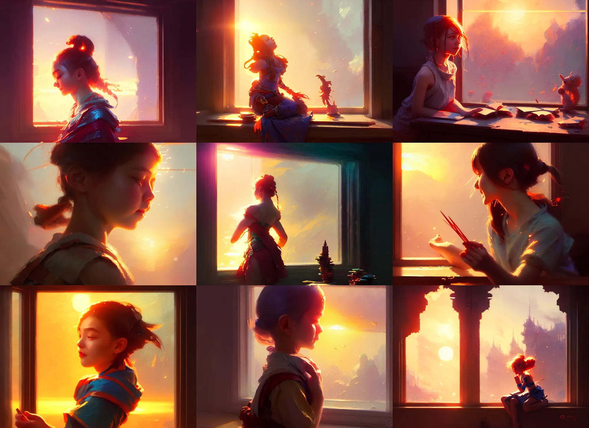 Prompt: cute girl playing d & d, sunset through the window, joyful, bright, intricate, sharp focus, lens flare, bloom, illustration, highly detailed, digital painting, concept art, matte, art by ruan jia and wlop and greg rutkowski, masterpiece