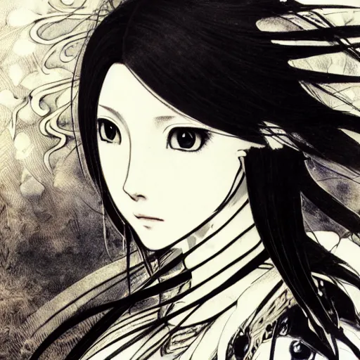 Image similar to yoshitaka amano blurred and dreamy illustration of an anime girl with black eyes, wavy white hair fluttering in the wind wearing elden ring armor with engraving, abstract black and white patterns on the background, noisy film grain effect, highly detailed, renaissance oil painting, weird portrait angle, blurred lost edges, three quarter view