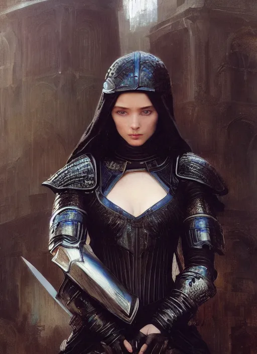 Prompt: beautiful young blue eyed woman wearing black medieval armour, by gaston bussiere, bayard wu, greg rutkowski, giger, maxim verehin, greg rutkowski, masterpiece, sharp focus, cinematic lightning