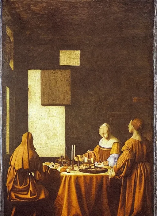 Prompt: a candlelit table at the inn, evening, dark room, two young people sitting at the table, swirling smoke, dark smoke, realistic, in the style of leonardo da vinci, dutch golden age, amsterdam, medieval painting by jan van eyck, johannes vermeer, florence