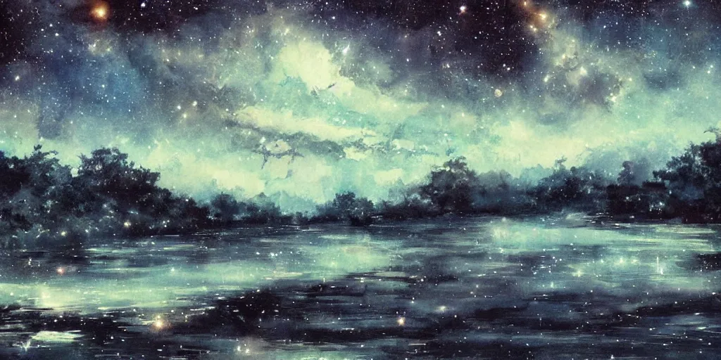 Image similar to stunning river landscape with sky full of galaxies by posuka demizu