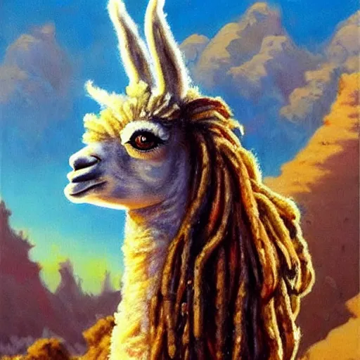 Prompt: a beautiful and realistic painting of a llama with dreadlocks, heroic pose, desert and stars on background, in style of John Berkey