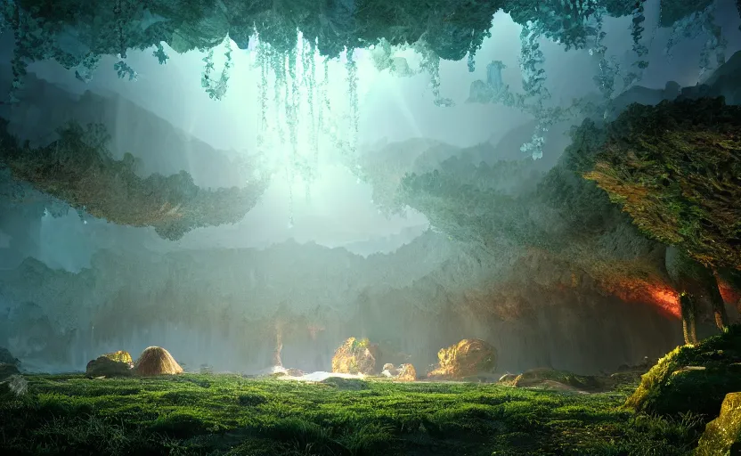 Image similar to a beautiful and stunning digital render of a humongous crystal cave, dimly glowing mushrooms, vines, haze, waterfall, volumetric lighting, photorealistic, unreal engine 5, ultra detail, trending on artstation