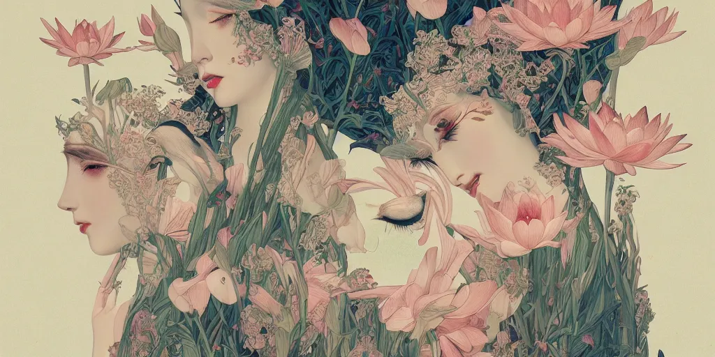 Image similar to breathtaking detailed concept art painting art deco pattern of blonde faces goddesses amalmation lotus flowers with anxious piercing eyes and blend of flowers and birds, by hsiao - ron cheng and john james audubon, bizarre compositions, exquisite detail, extremely moody lighting, 8 k