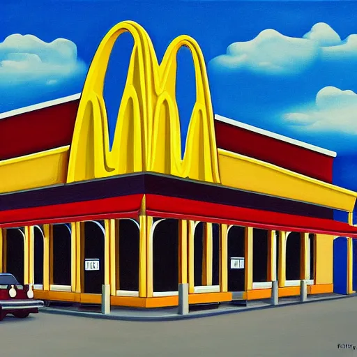 Image similar to painting of mcdonalds restaurant building, highly detailed, digital painting, smooth, sharp focus, art by m. c. escher