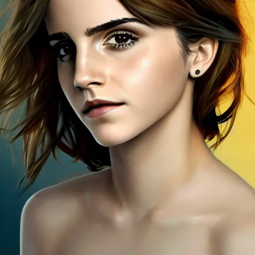 Image similar to portrait of emma watson staring at you, beautiful, long hair, eye contact, slight smile, high detail, vivid colors, navy background, artstation