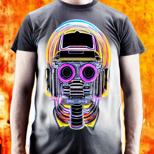 Prompt: black tshirt with a hyperdetailed portrait of a trippy diesel punk robot, 8 k, symetrical, flourescent colors, halluzinogenic, multicolored,