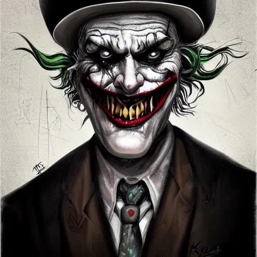 Image similar to surrealism grunge cartoon portrait sketch of The Joker by michael karcz, loony toons style, freddy krueger style, horror theme, detailed, elegant, intricate