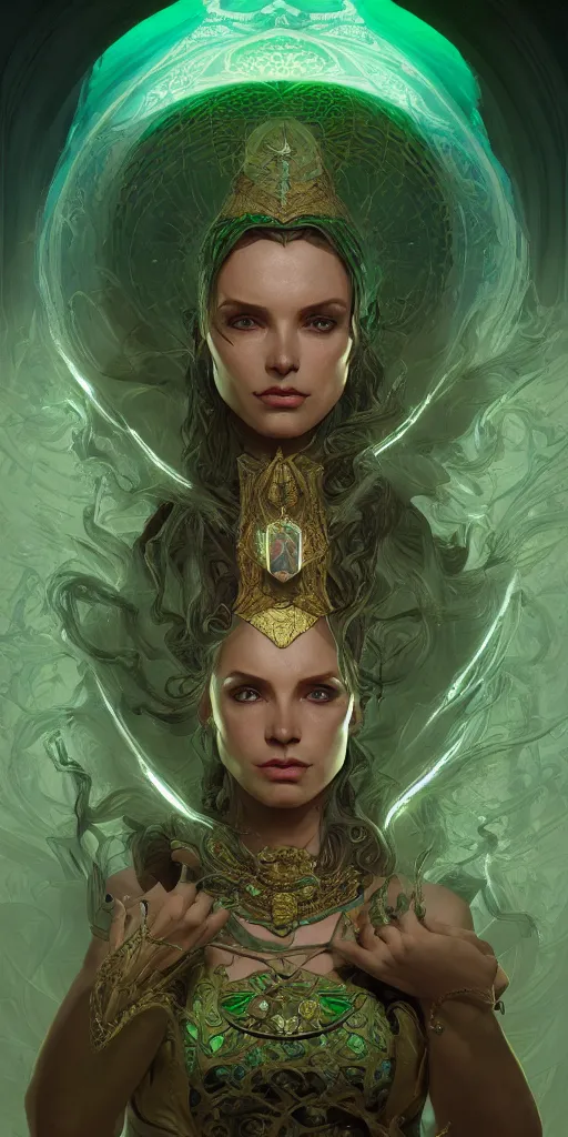 Image similar to sinister mage, snake queen, ancient, sand, emerald, intricate, highly detailed, digital painting, artstation, concept art, smooth, sharp focus, illustration, Unreal Engine 5, 8K, art by artgerm and greg rutkowski and alphonse mucha