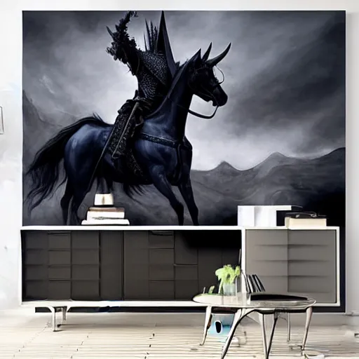 Image similar to Witch-king of Angmar holding sword on black horse horse rearing up dark moody lighting wallpaper painting