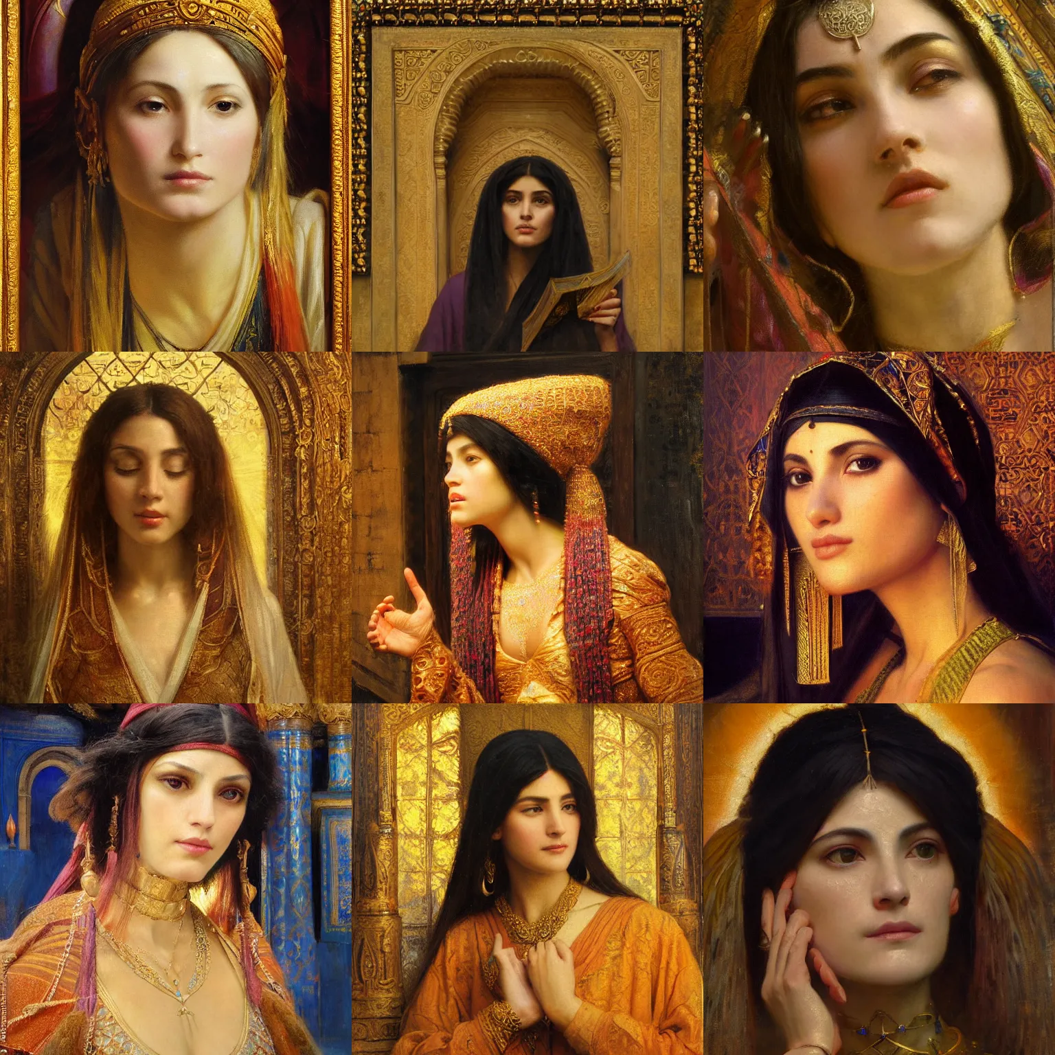 Prompt: orientalism painting of a beautiful female wizard in a temple face detail by edwin longsden long and theodore ralli and nasreddine dinet and adam styka, masterful intricate art. oil on canvas, excellent lighting, high detail 8 k