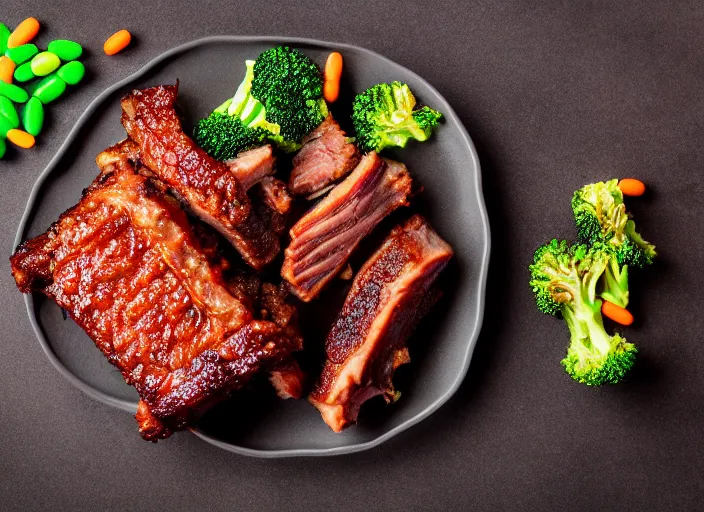 Image similar to dslr food photograph of a rack of ribs with a side of broccoli and baked beans of candy, 8 5 mm f 1. 8