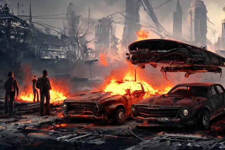 Image similar to a group of vagrants huddled around the burning shell of a futuristic car under a broken highway bridge, scene from fallout 4, dystopian, post apocalyptic, highly detailed, trending on artstation, 4k