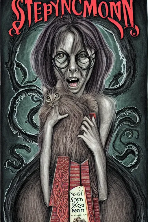 Image similar to stephen king illustration of romantic girl, her cat and her book of necronomicon, symmetrical, cinematic, sharp focus, 4 k, ultra hd, sense of awe, sinister demonic atmosphere, dreadful, forbidden knowledge, old gods, cthulhu, yog - sothoth! yah, yah, yah! cultist journal cover